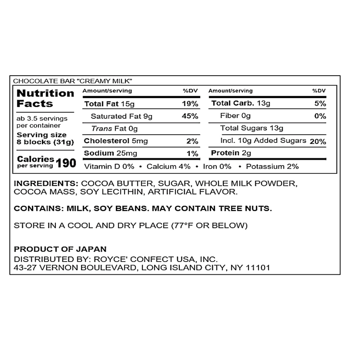 ROYCE' Chocolate - Chocolate Bar "Creamy Milk" - Nutrition Facts