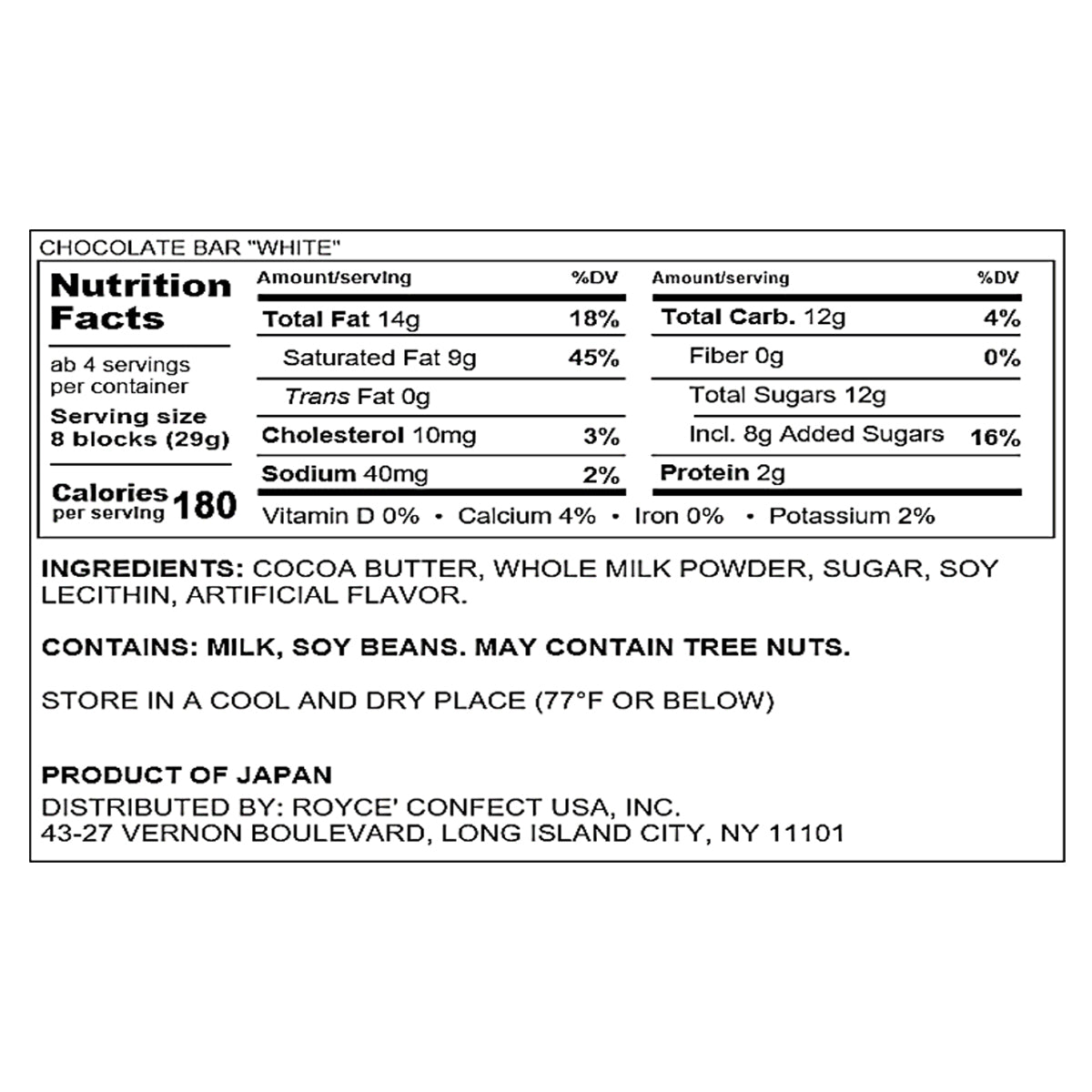 ROYCE' Chocolate - ROYCE' Chocolate Bar Selection - Chocolate Bar "White" - Nutrition Facts