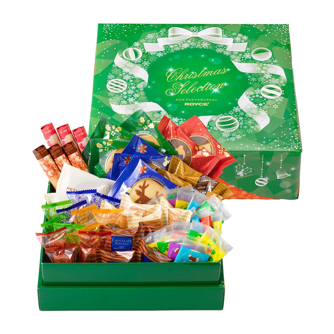 Image on lower left shows a green box filled with individually-wrapped chocolates in different shapes and sizes. Image on upper right shows a green printed box with text saying Christmas Selection ROYCE'. Background is in white.