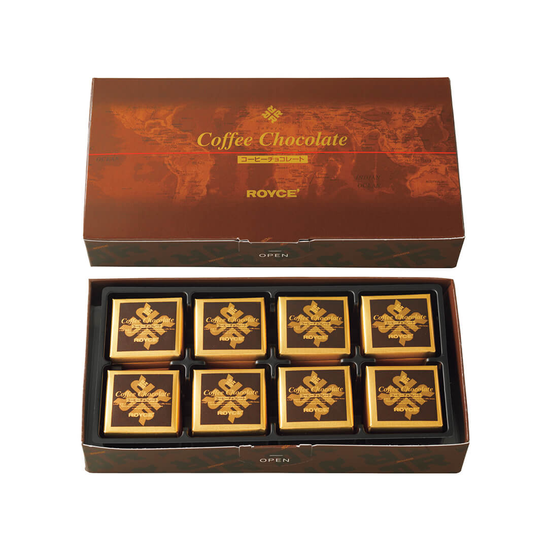 ROYCE' Chocolate - Coffee Chocolate - Image shows (Middle Top) a brown box with map-like illustrations and text saying Coffee Chocolate ROYCE'. Below (Middle Bottom) show an open box with individually-wrapped chocolate squares in gold and brown. Text says Coffee Chocolate ROYCE' Open.