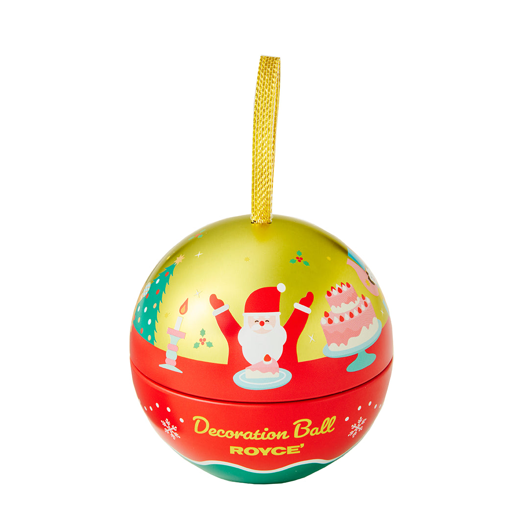 A decorative Christmas ornament shaped like a round ball with a gold hanging loop. The top half is metallic gold with Santa Claus, a candle, and a cake illustration, while the bottom half is red with the words 'Decoration Ball ROYCE' in gold script.
