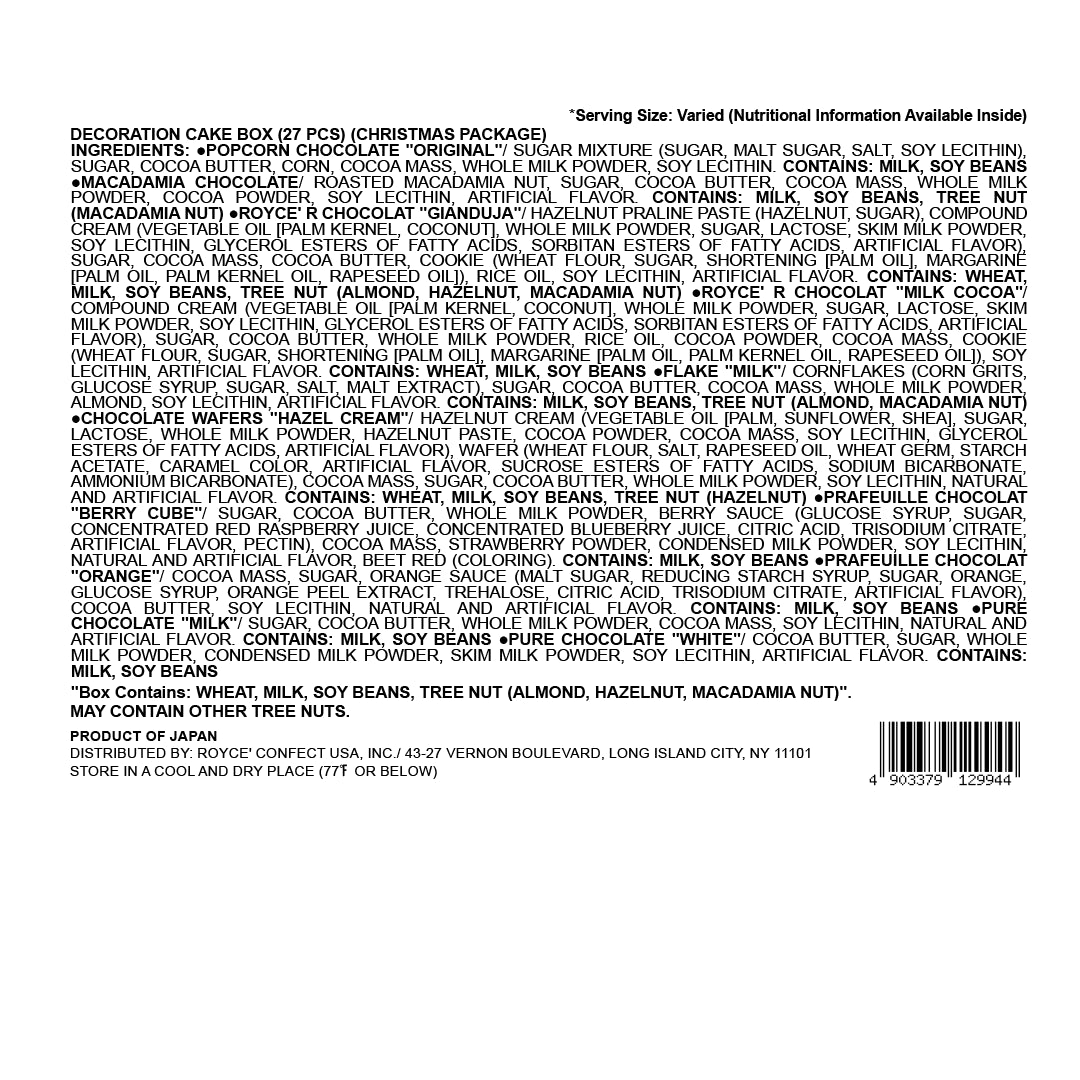 Back packaging of Royce's Decoration Cake Box (27 Pcs) (Christmas Package), listing chocolate varieties, ingredients, allergens, and holiday-themed paper cutouts for decoration.