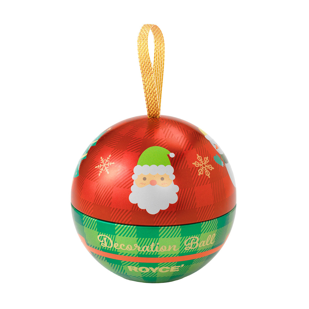 Image shows a red and green ball with illustrations of snowflakes and Santa Claus. Ball comes with gold looped handle. Background is in white.