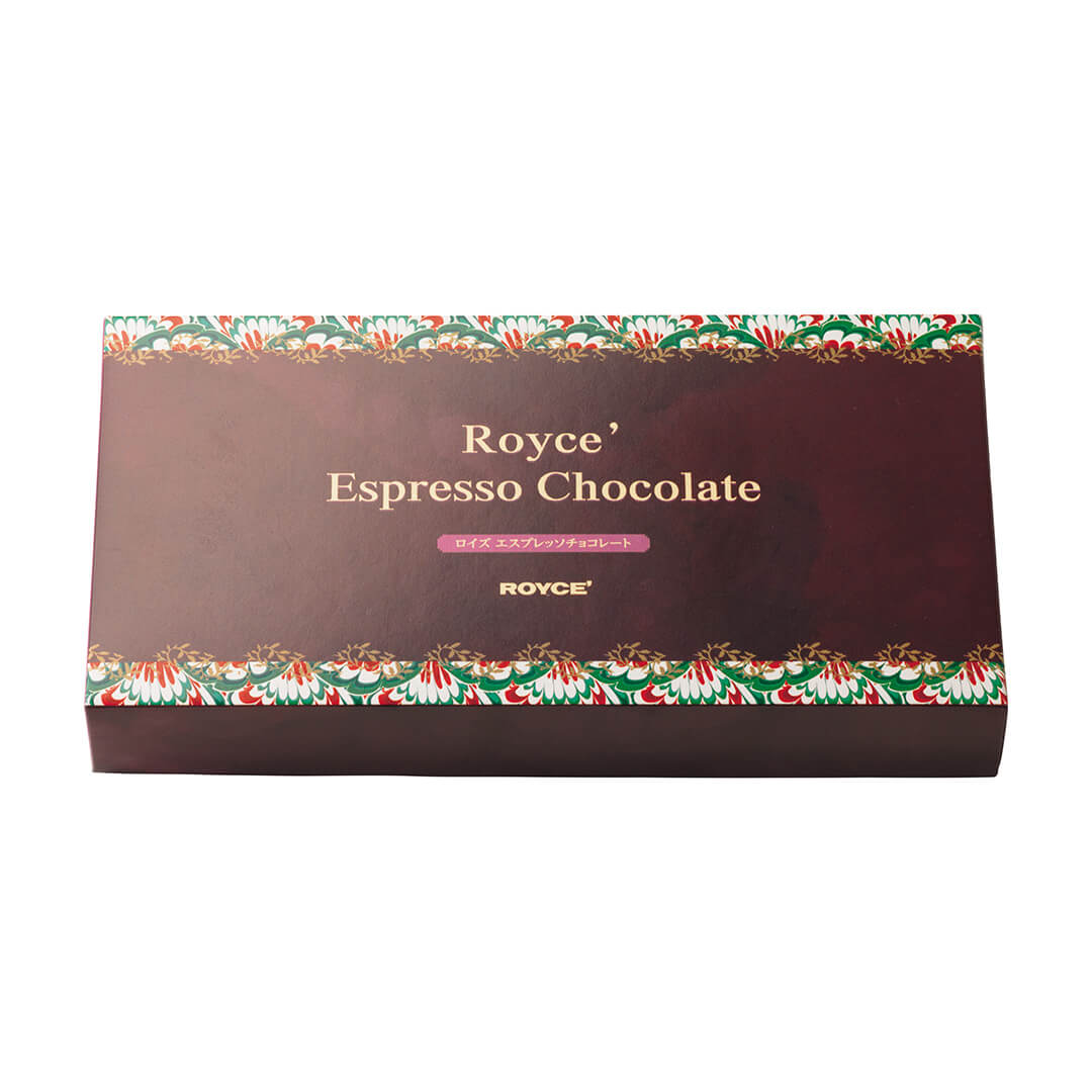 ROYCE' Chocolate - Espresso Chocolate - Image shows a brown box with illustrations in green, red, and white. Text says ROYCE' Espresso Chocolate ROYCE'.