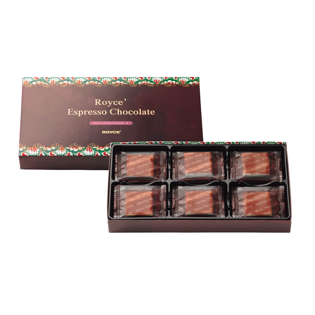 ROYCE' Chocolate - Espresso Chocolate - Image shows (Middle Left) a brown box with illustrations in green, red, and white. Text says ROYCE' Espresso Chocolate ROYCE' and (Middle Right) an open box with individually-wrapped chocolates.