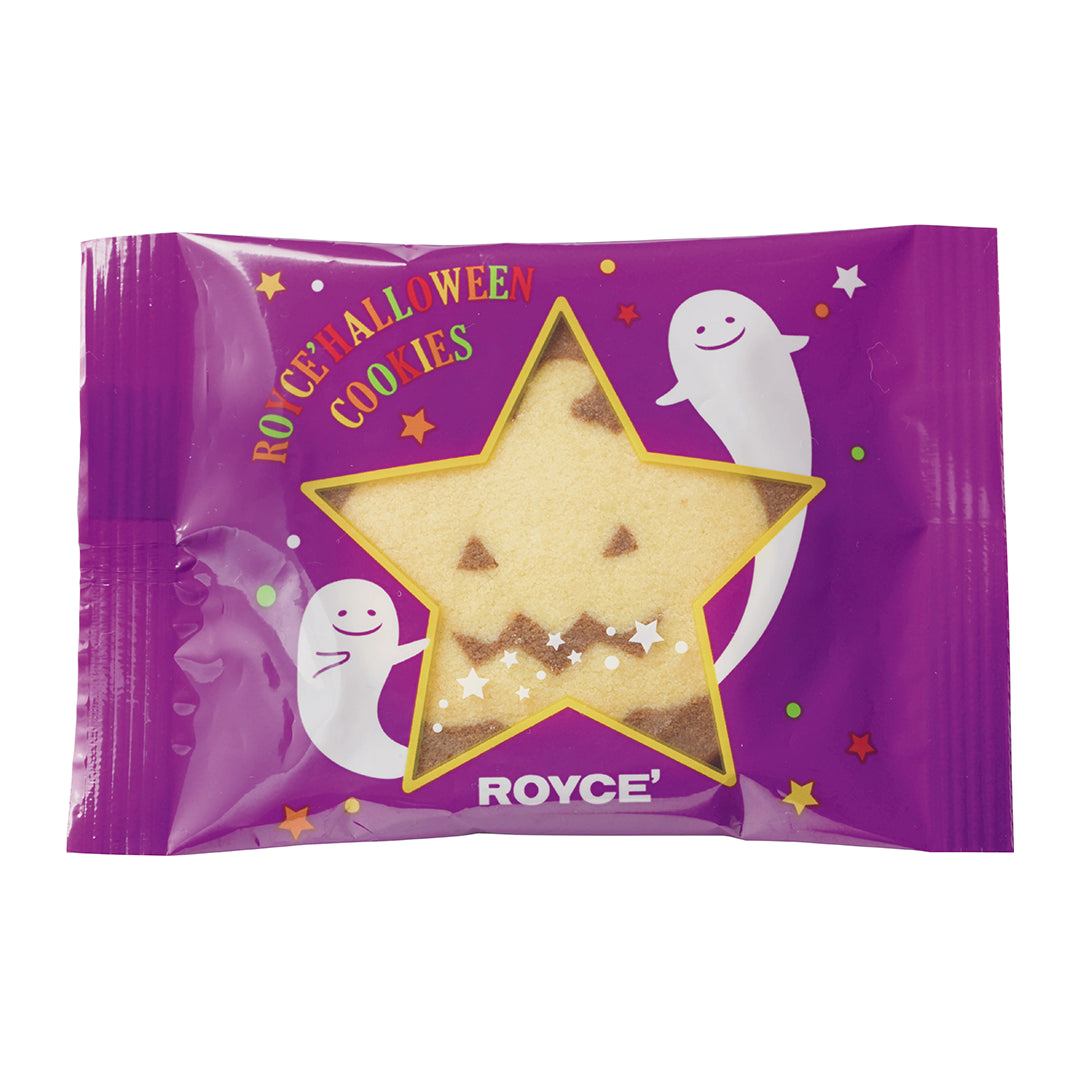 ROYCE' Halloween Cookies (5 Pcs) - A purple pack of ROYCE' Halloween Cookies featuring a star-shaped cookie with a spooky jack-o'-lantern face visible through a clear window, with ghost illustrations on the packaging.