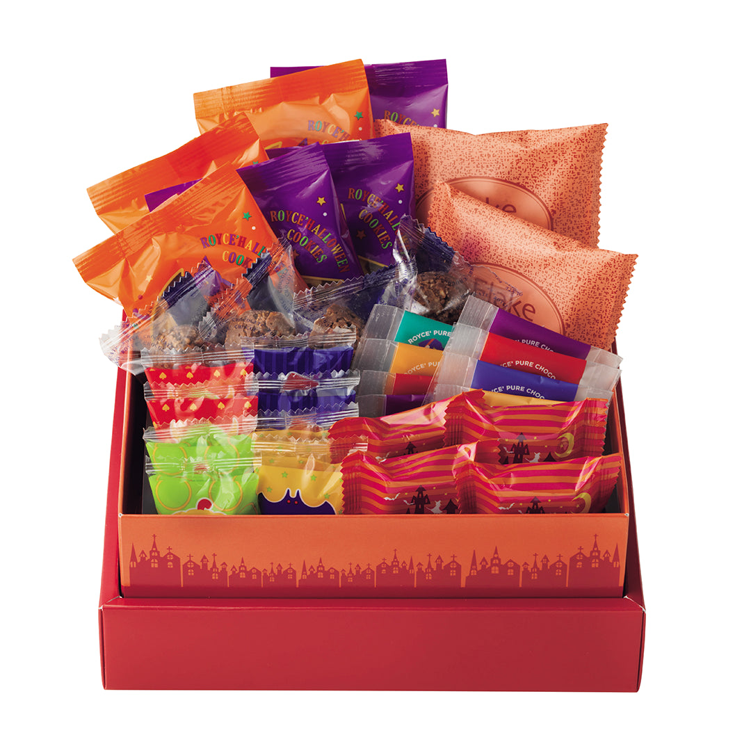 ROYCE' Halloween Happy Selection - A red gift box filled with assorted packaged snacks and cookies, photographed on a clean white background.
