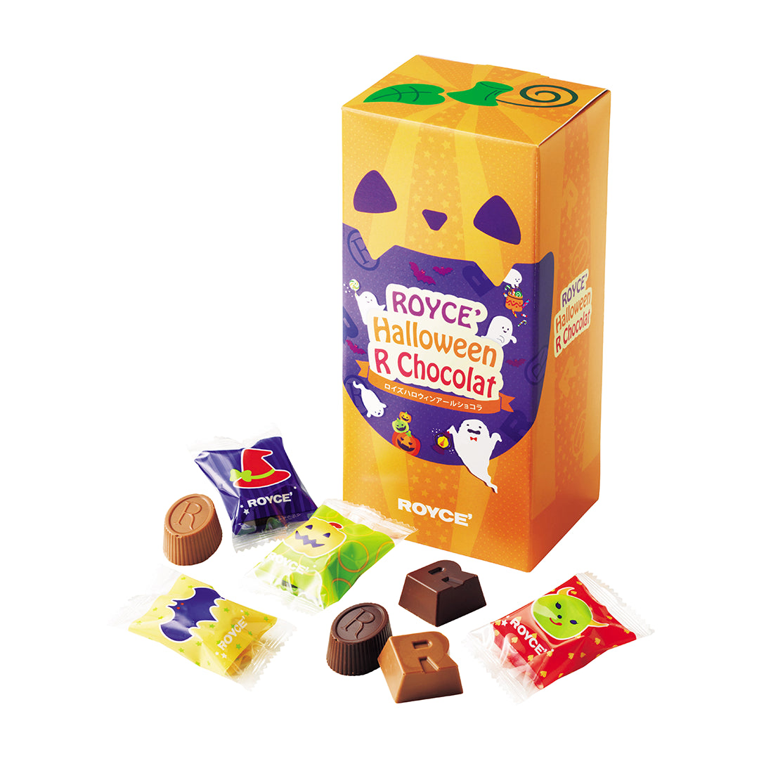 ROYCE' Halloween R Chocolat - Image shows a printed box with ghost illustrations and some loose chocolates. Background is in white.