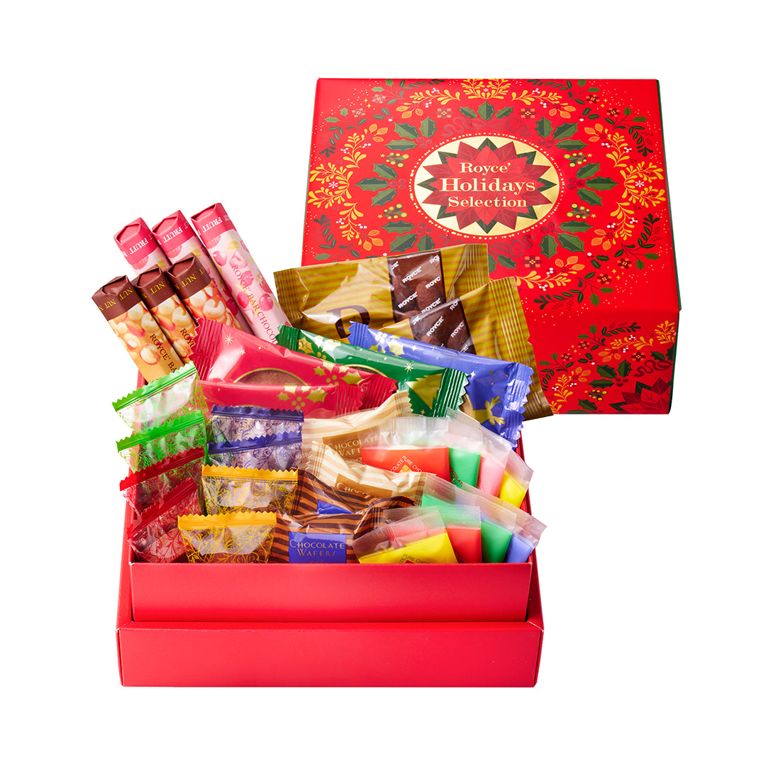 Image shows gift boxes and individually-wrapped chocolates.