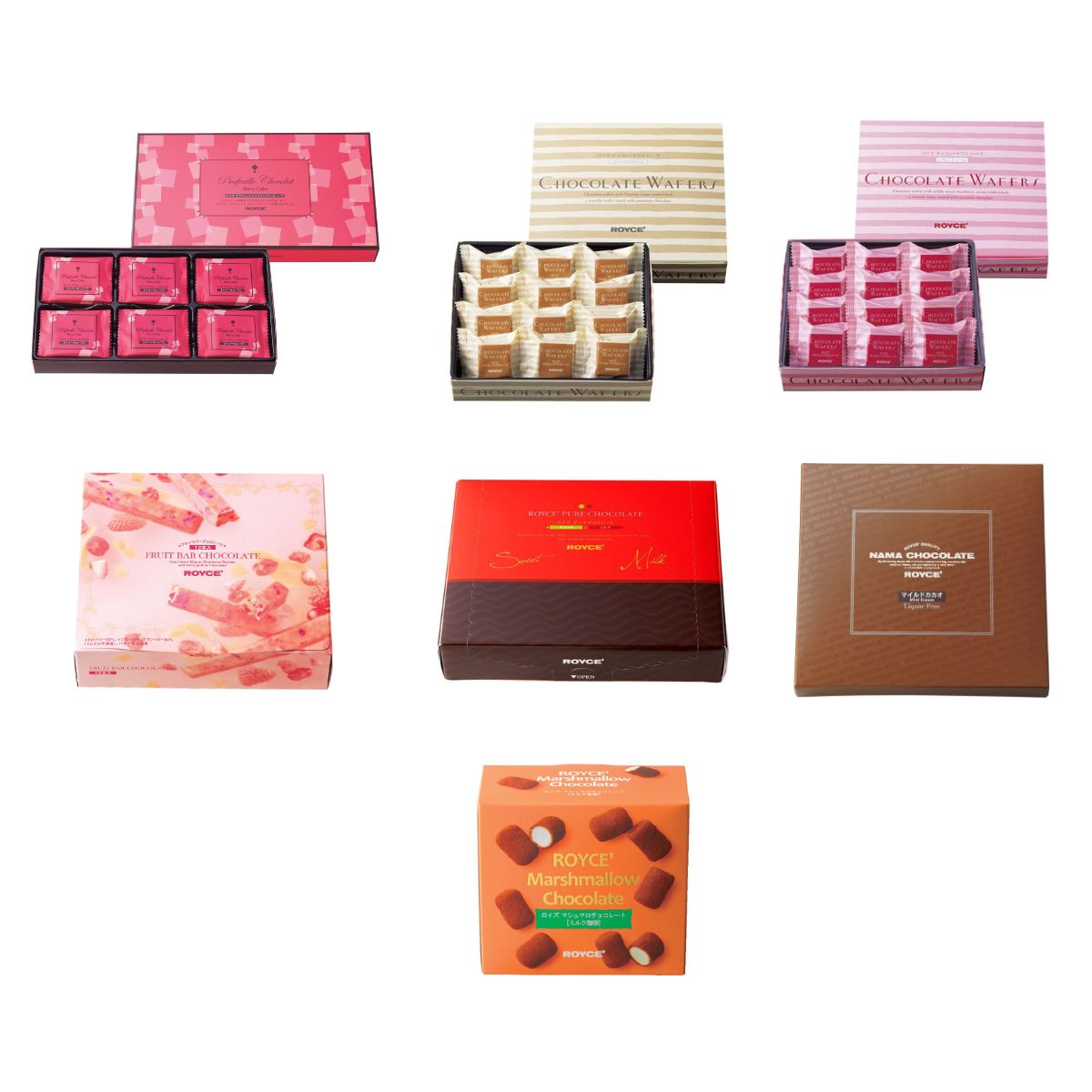 ROYCE' Chocolate - ROYCE' Luxe Collection - Collection of various chocolate boxes with different designs and colors on a white background.