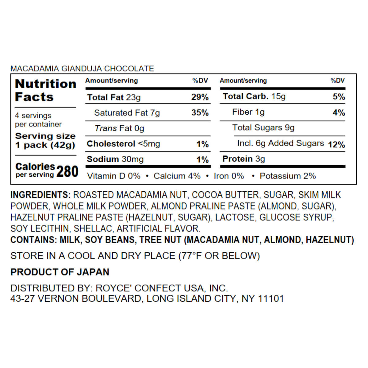 ROYCE' Chocolate - Macadamia Gianduja Chocolate - Nutrition Facts