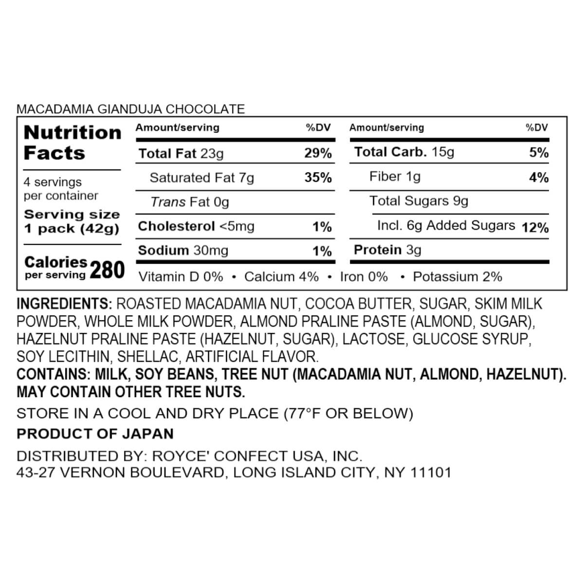 ROYCE' Chocolate - Macadamia Gianduja Chocolate - Nutrition Facts