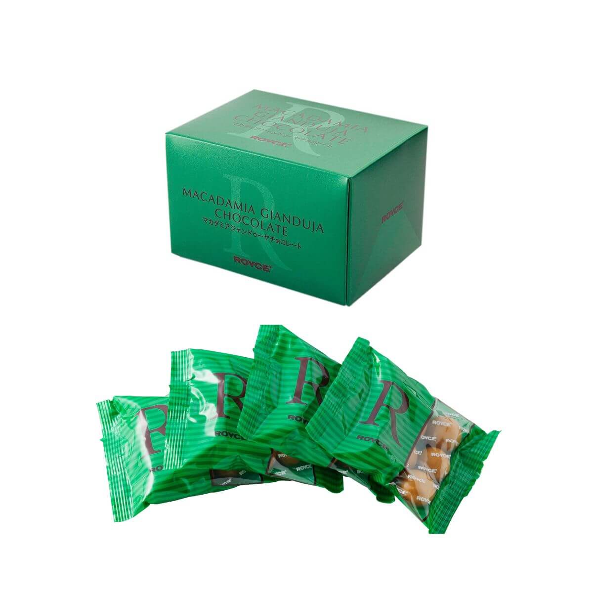 ROYCE' Chocolate - Macadamia Gianduja Chocolate - Image shows a green printed box on middle top and green printed packs on middle bottom. Text says Macadamia Gianduja Chocolate. ROYCE'.