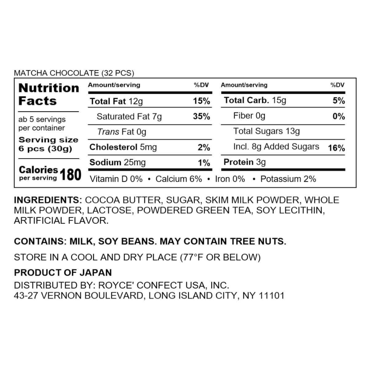 ROYCE' Chocolate - ROYCE' Matcha Collection - Matcha Chocolate (32 Pcs) - Nutrition Facts