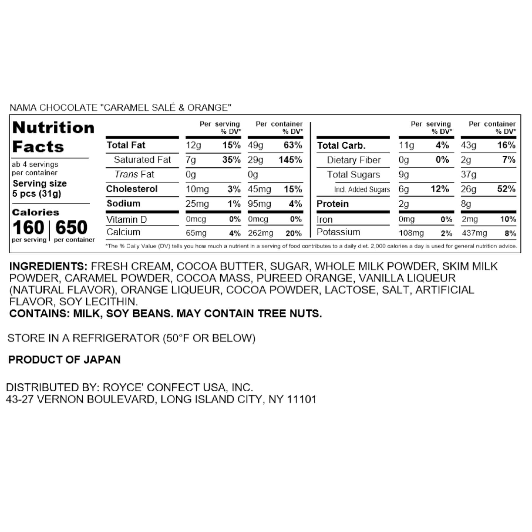 ROYCE' Chocolate - Nama Chocolate "Caramel Salé & Orange" - Nutrition Facts 2023