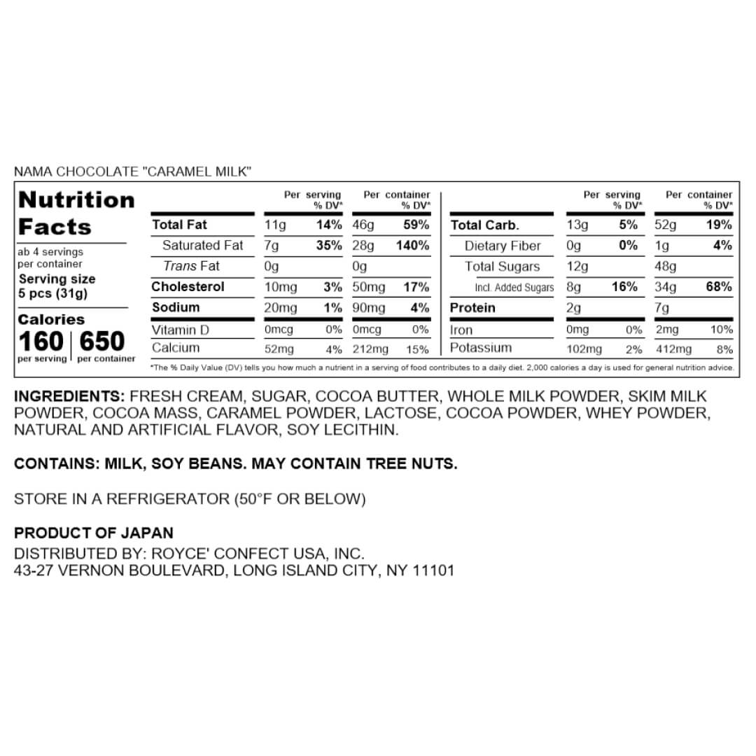 ROYCE' Chocolate - Nama Chocolate "Caramel Milk" - Nutrition Facts - 2026