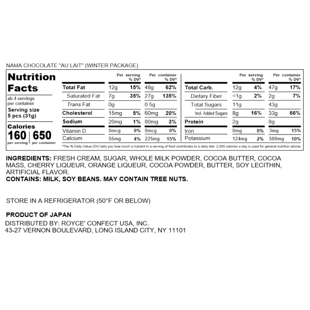 Nama Chocolate "Au Lait" (Winter Package) - Nutrition Facts 2023