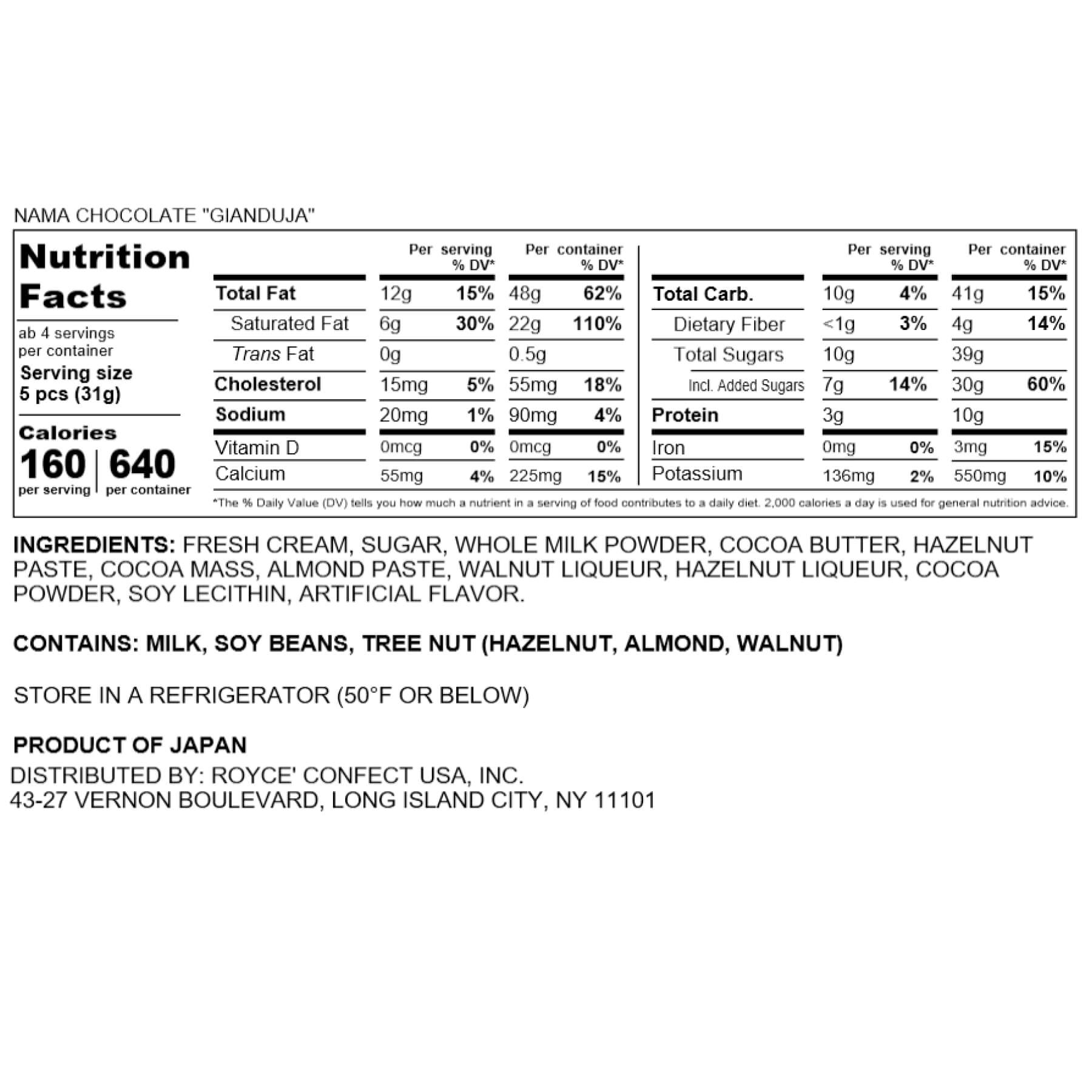 ROYCE' Chocolate - Nama Chocolate "Gianduja" - Nutrition Facts