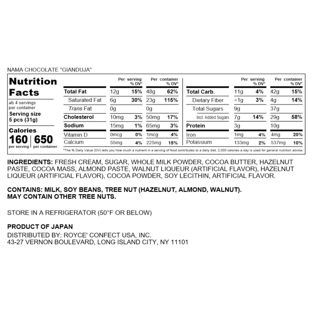 ROYCE' Chocolate - Nama Chocolate "Gianduja" - Nutrition Facts