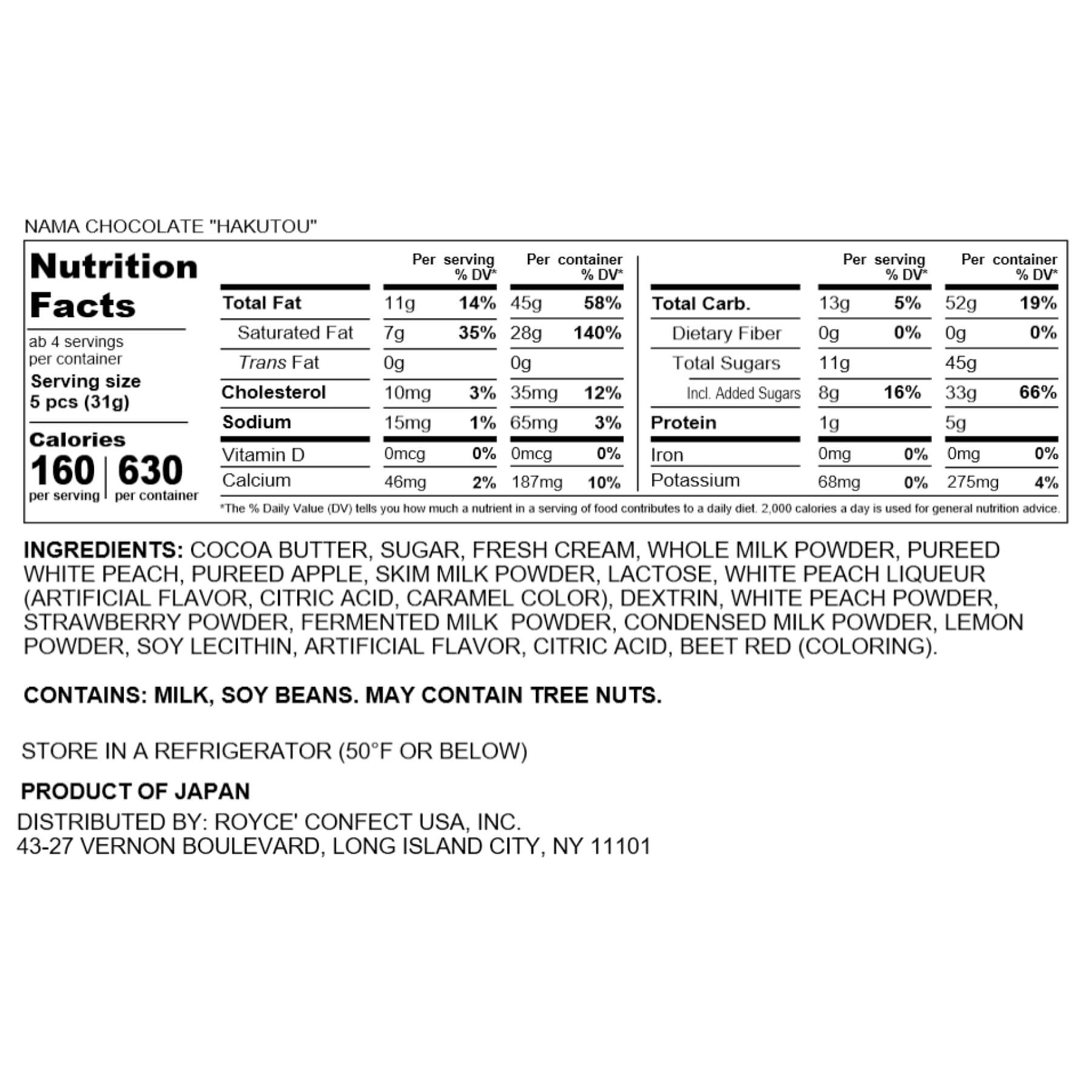 ROYCE' Chocolate - Nama Chocolate "Hakutou" - Nutrition Facts 2023