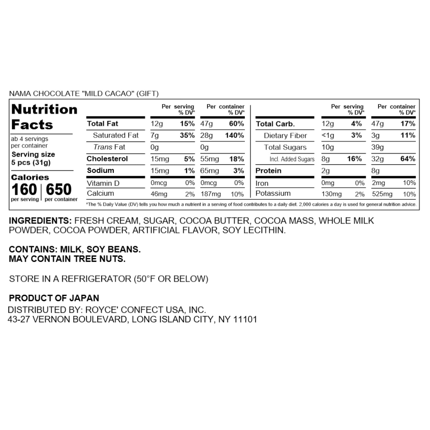 Nama Chocolate "Mild Cacao" (Gift) - Nutrition Facts 2024