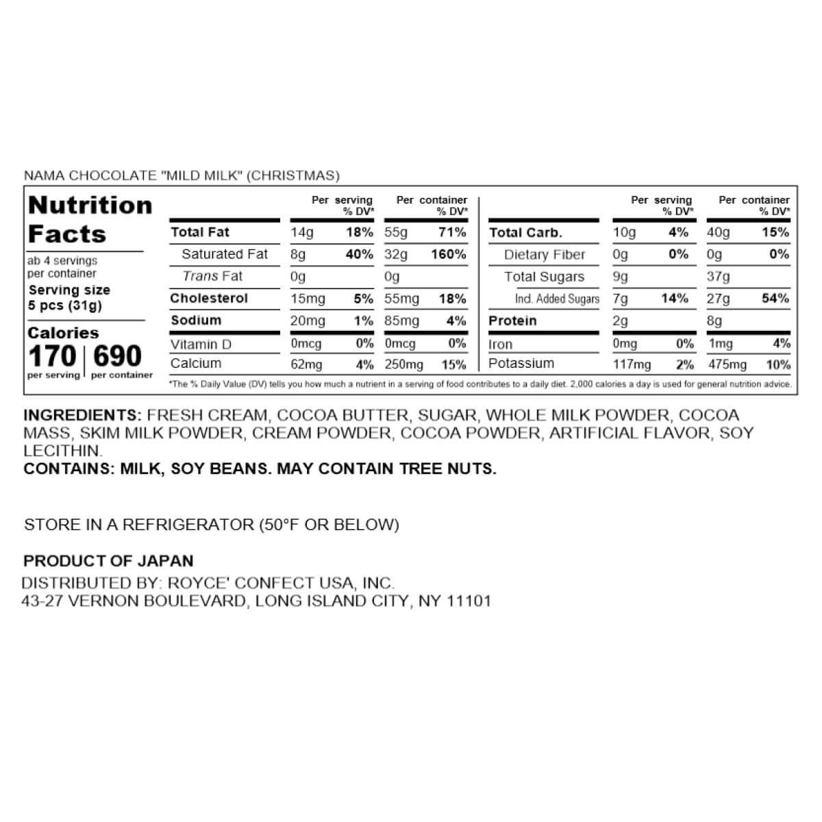 ROYCE' Chocolate - Nama Chocolate "Mild Milk" (Christmas) - Nutrition Facts 2025