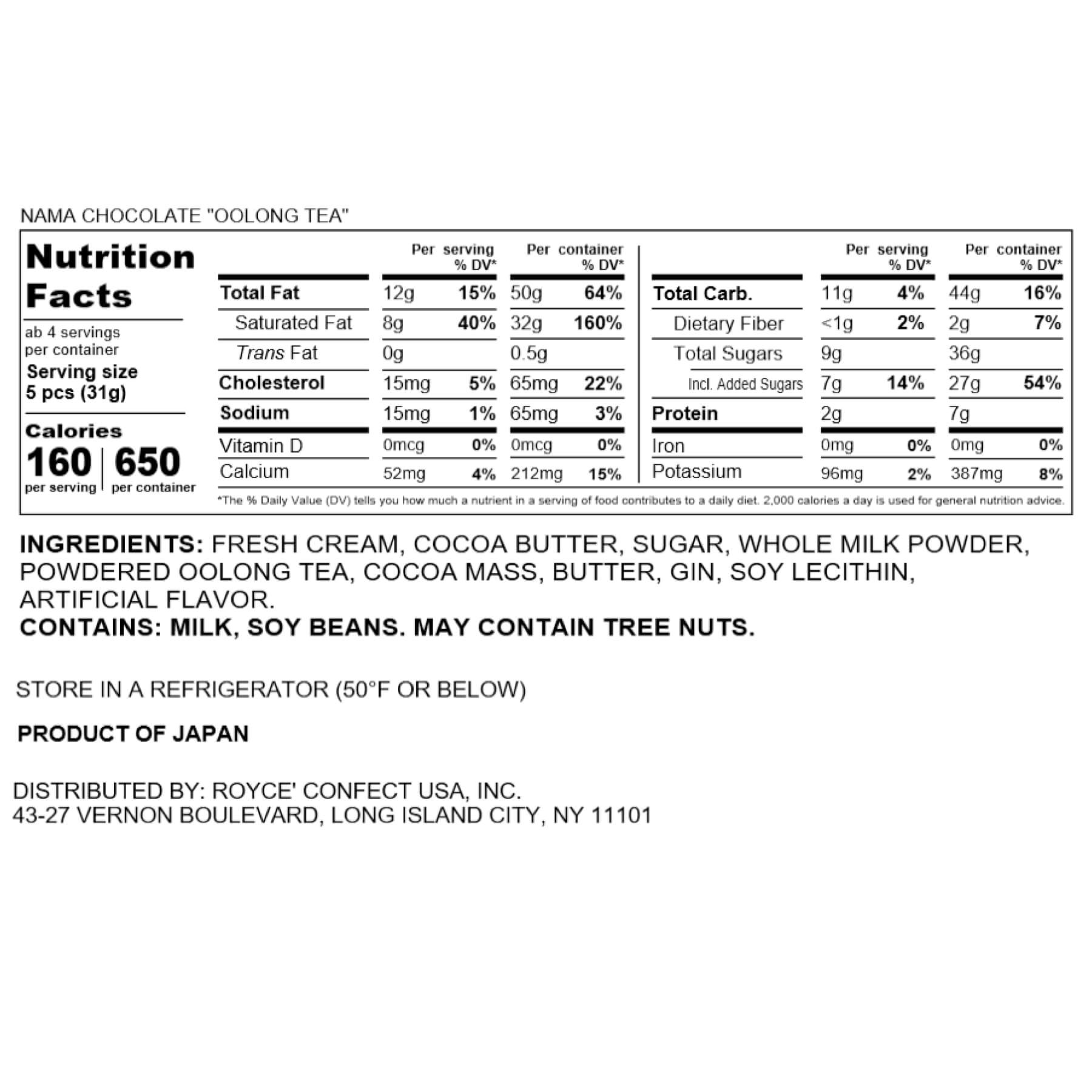 ROYCE' Chocolate - Nama Chocolate "Oolong Tea" - Nutrition Facts