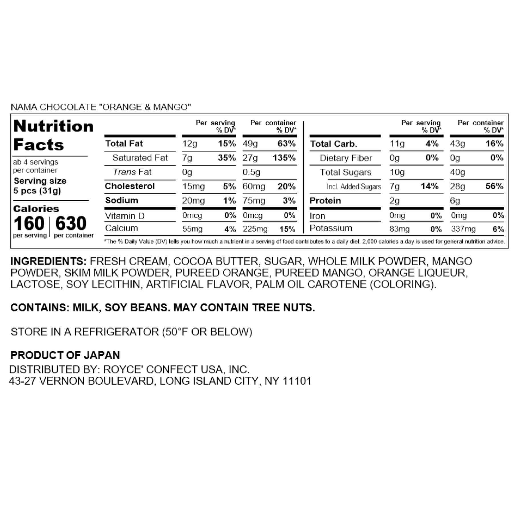 ROYCE' Chocolate - Nama Chocolate "Orange & Mango" - Nutrition Facts 2023