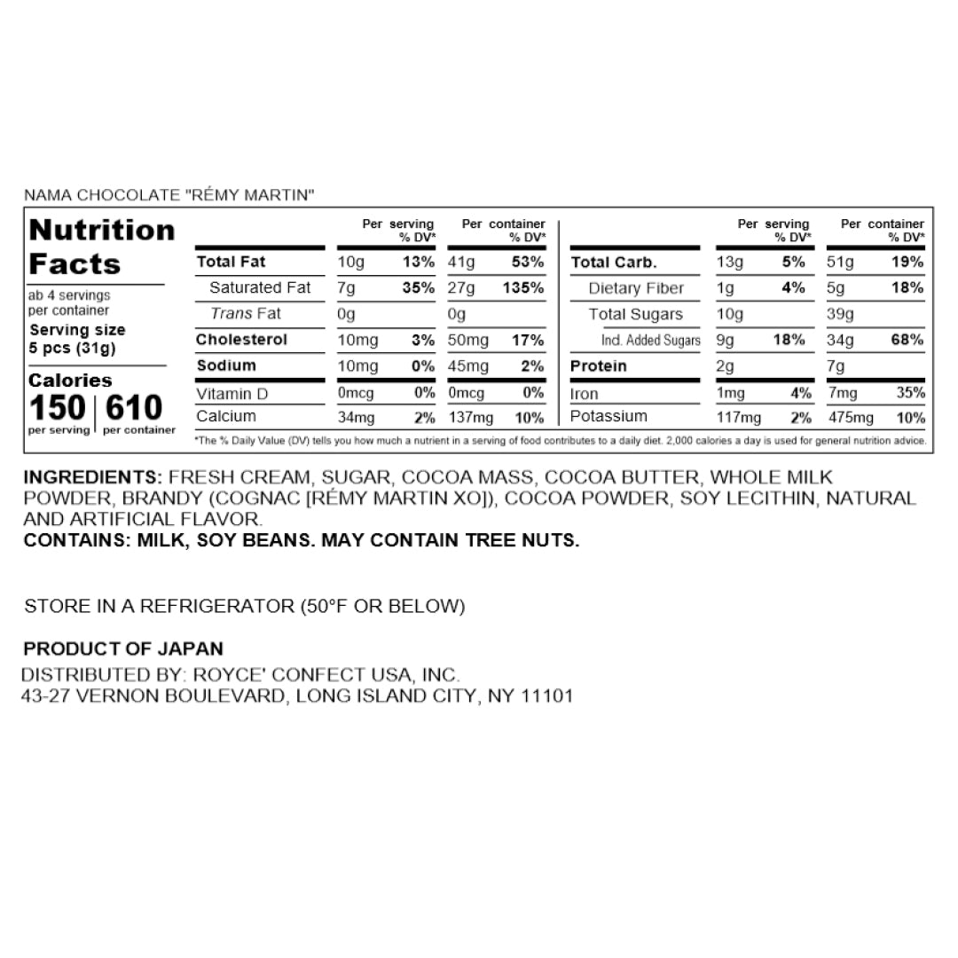 Nama Chocolate “Rémy Martin” - Nutrition Facts 2023