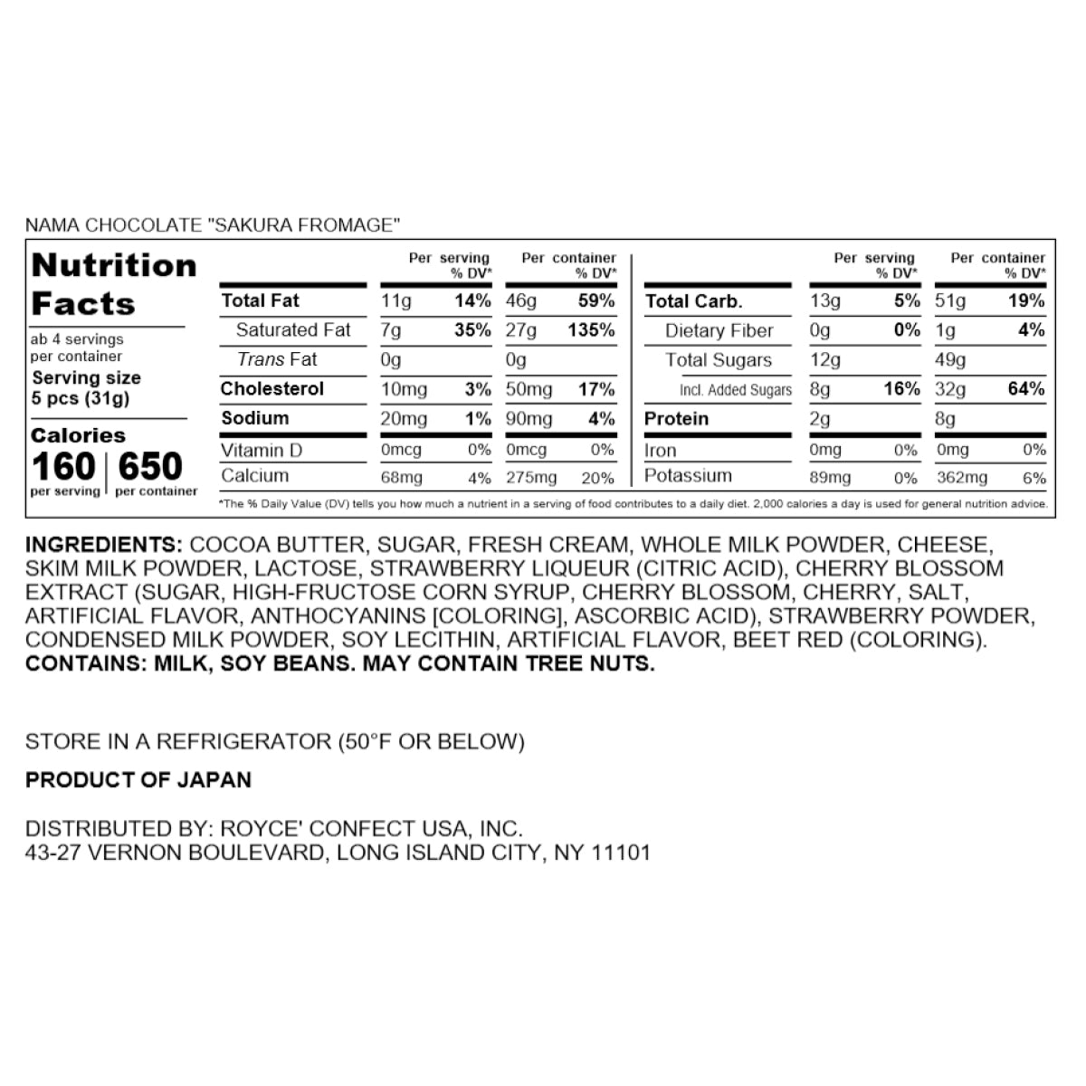 ROYCE' Chocolate - Nama Chocolate "Sakura Fromage" - Nutrition Facts 2026