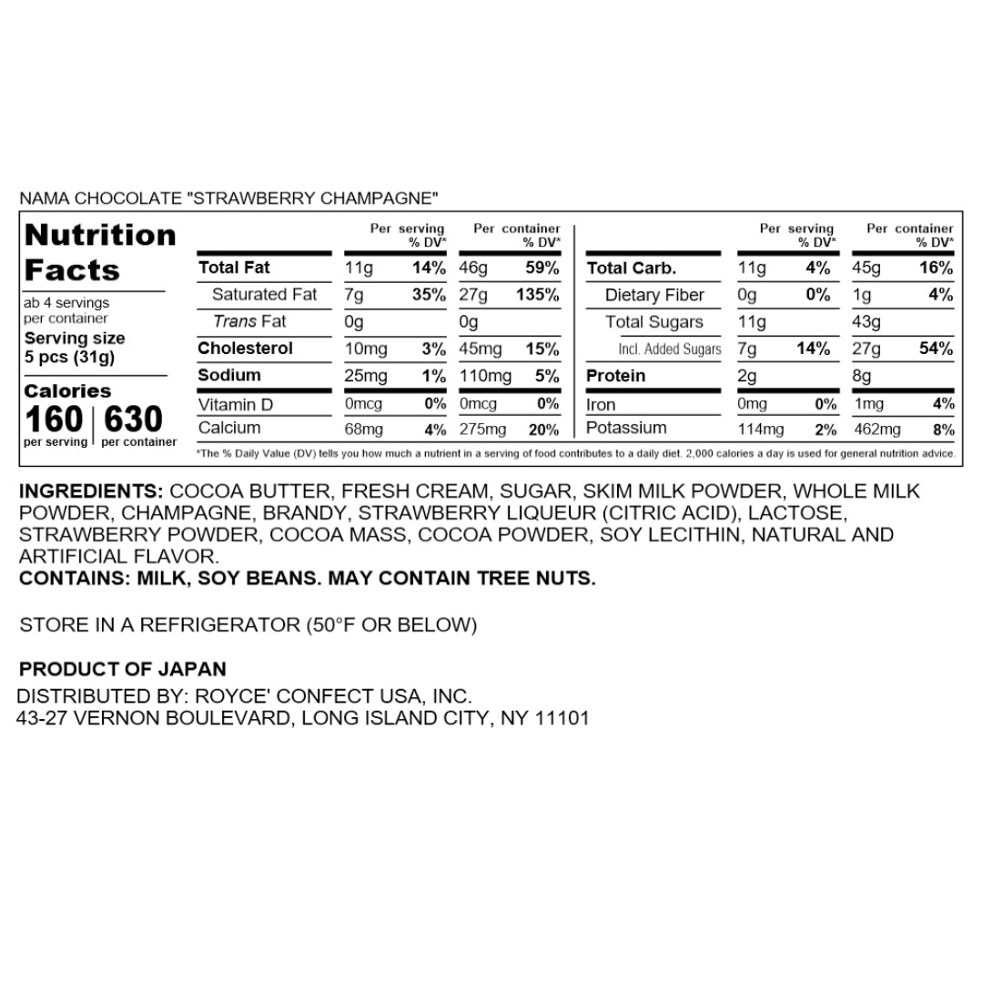 Nama Chocolate "Strawberry Champagne" - Nutrition Facts 2023