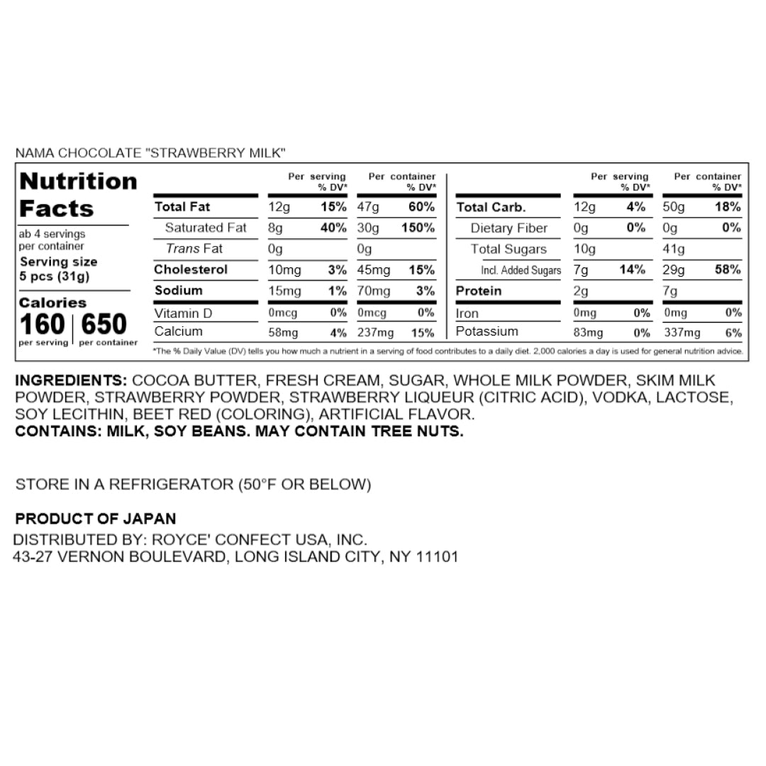 Nama Chocolate "Strawberry Milk" - Nutrition Facts 2023
