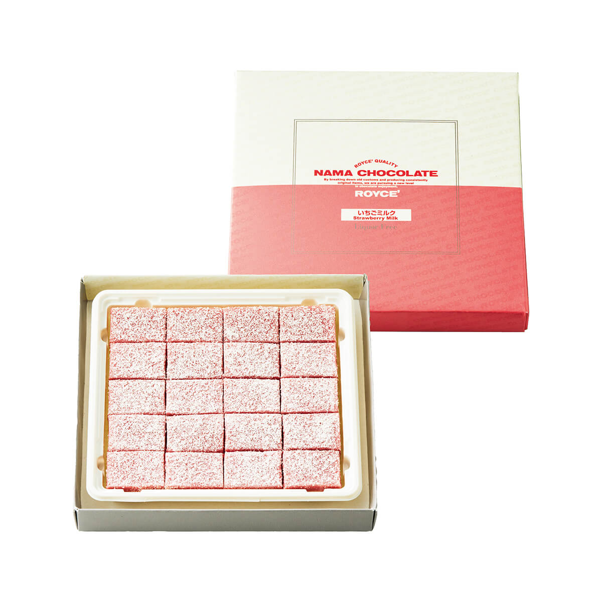 ROYCE' Chocolate - Nama Chocolate "Strawberry Milk" - Image shows a box (top right) in white and pink. Text says ROYCE' Quality Nama Chocolate. By breaking down old customs and producing consistently original items, we are pursuing a new level in chocolate enjoyment. ROYCE'. Strawberry Milk. Liquor Free. Other box (lower left) shows a white box with a tray filled with pink chocolate blocks. Background is in white.
