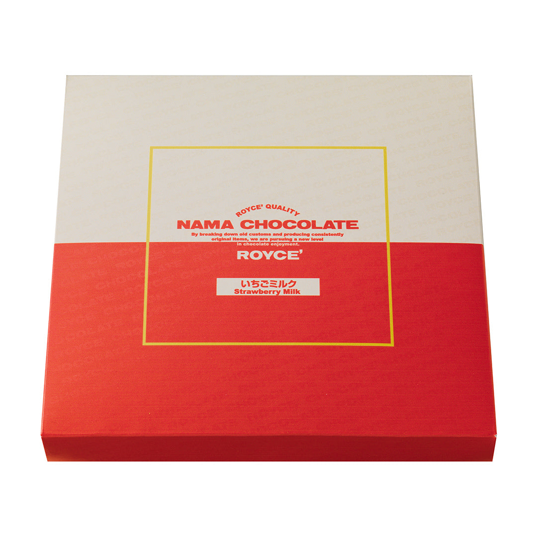 Image shows a box in flesh and red. Text says ROYCE' Quality Nama Chocolate. By breaking down old customs and producing consistently original items, we are pursuing a new level in chocolate enjoyment. ROYCE'. Strawberry Milk. Background is in white.
