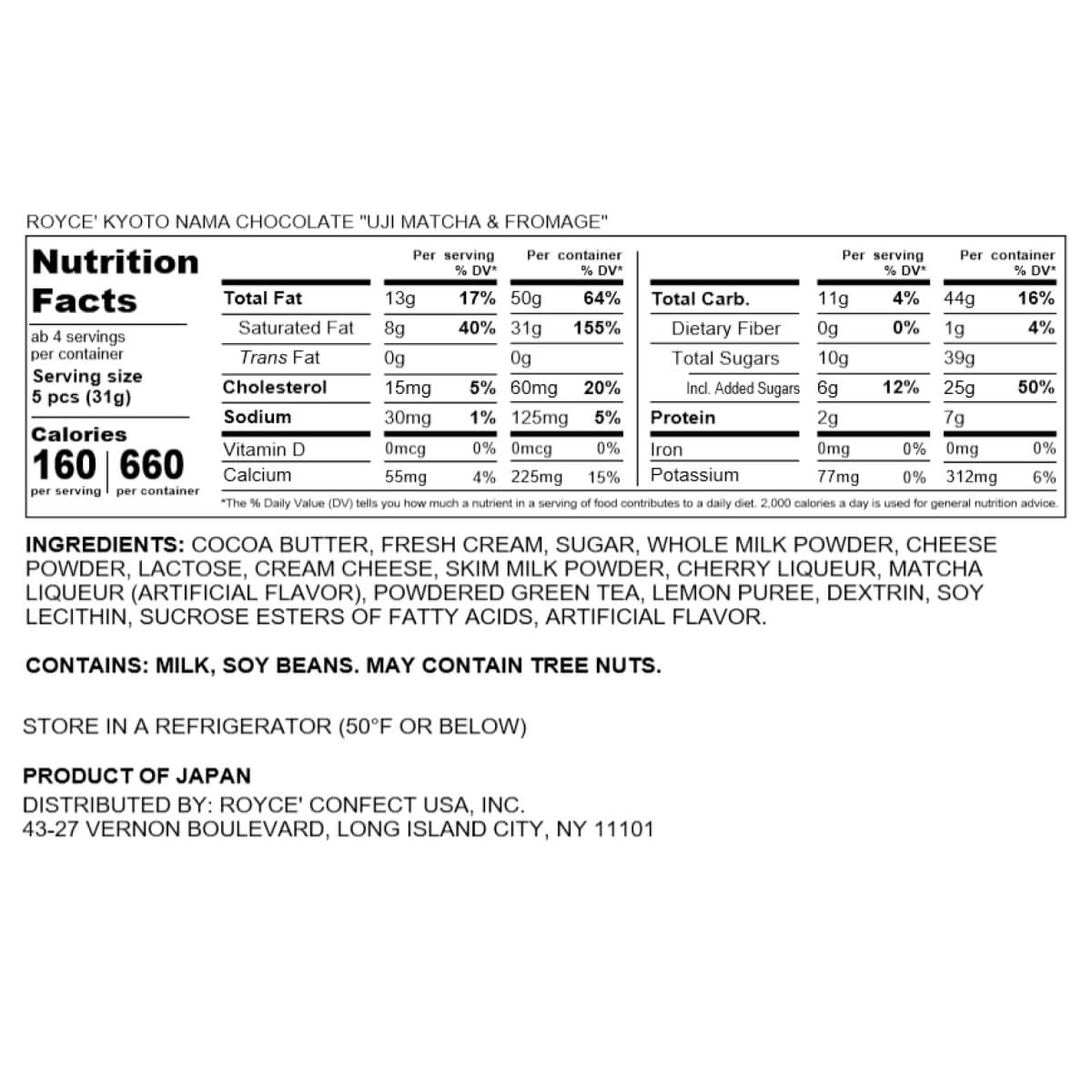 ROYCE' Kyoto Nama Chocolate Uji Matcha & Fromage back label detailing nutrition, ingredients, allergens, and storage instructions for this matcha and cheese-flavored confection.