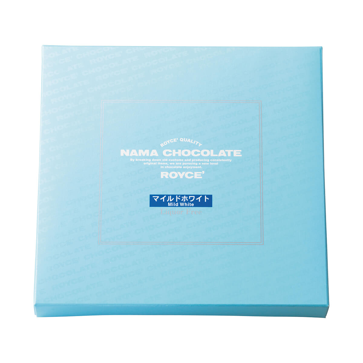 ROYCE' Chocolate - Image shows a blue box with text saying ROYCE' Quality Nama Chocolate ROYCE' Mild White Liquor Free.