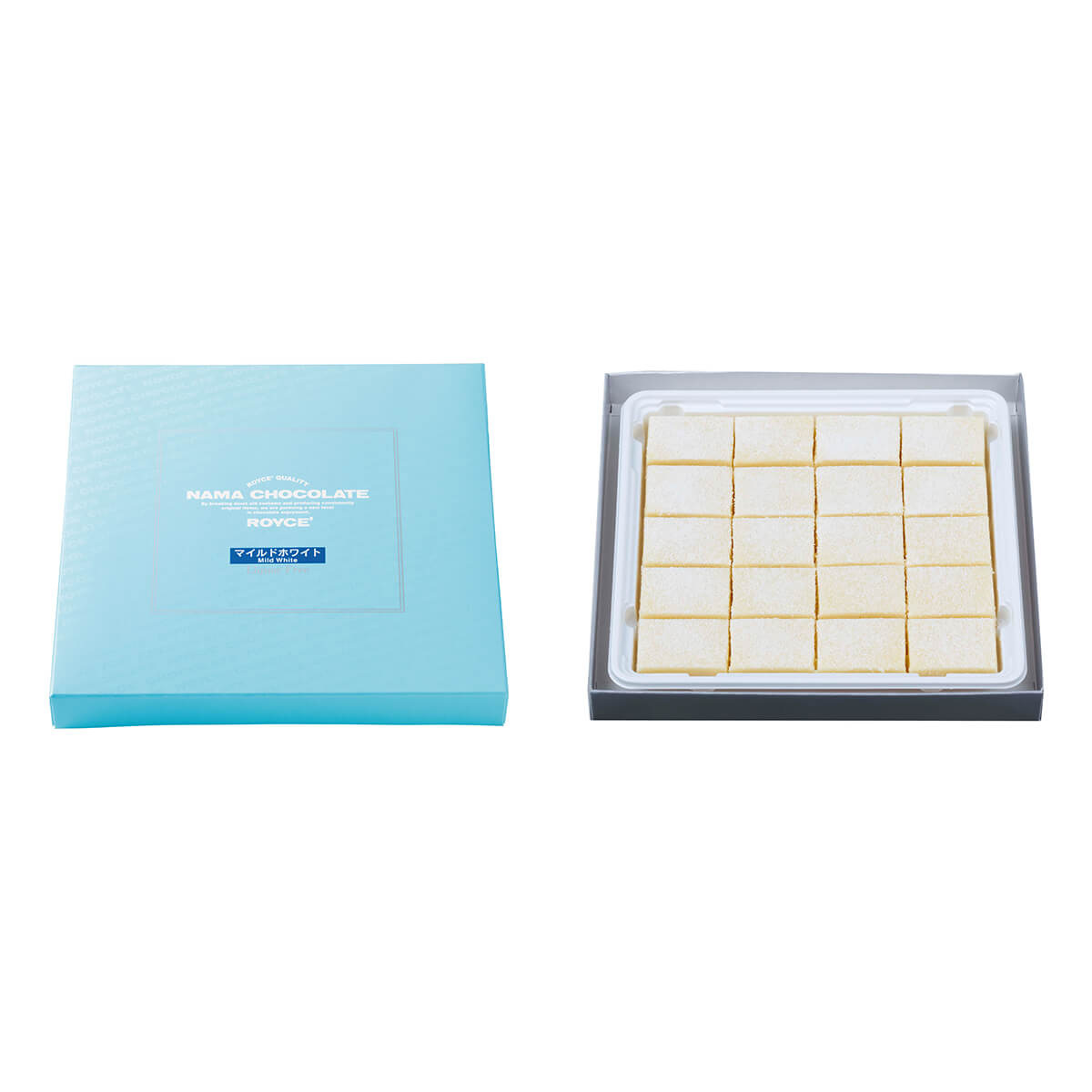 ROYCE' Chocolate - Image shows a blue box on the left saying Nama Chocolate ROYCE' Mild White and an open box with white chocolate blocks on the right.