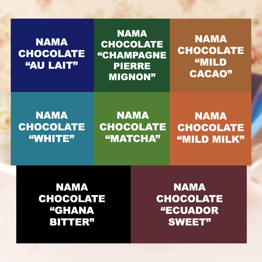 ROYCE' Chocolate - Premium Nama Chocolate Collection - Image shows a grid of chocolate flavor/color options with white text reading names such as Nama Chocolate Au Lait, Champagne Pierre Mignon, Mild Cacao, White, Matcha, Mild Milk, Ghana Bitter, and Ecuador Sweet on a soft blurred background.
