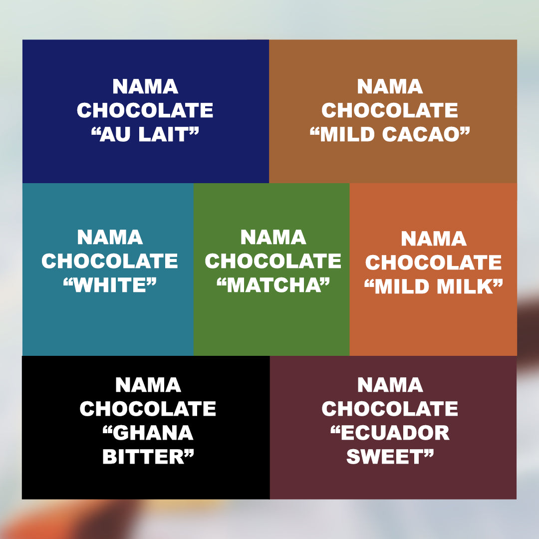 ROYCE' Chocolate - Premium Nama Chocolate Collection - Image shows a grid of chocolate flavor/color options with white text reading names such as Nama Chocolate Au Lait, Mild Cacao, White, Matcha, Mild Milk, Ghana Bitter, and Ecuador Sweet on a soft blurred background.