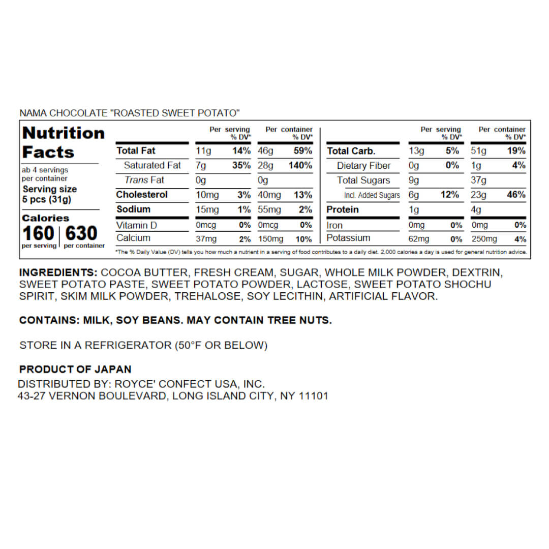 ROYCE' Chocolate - Nama Chocolate "Roasted Sweet Potato" - Nutrition Facts