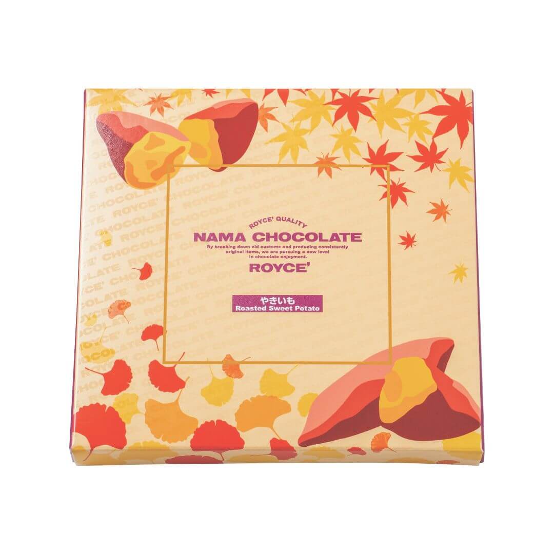 ROYCE' Chocolate - Nama Chocolate "Roasted Sweet Potato" - Image shows a printed yellow box with illustrations of leaves and sweet potatoes. Text says ROYCE' Quality Nama Chocolate ROYCE' Roasted Sweet Potato.