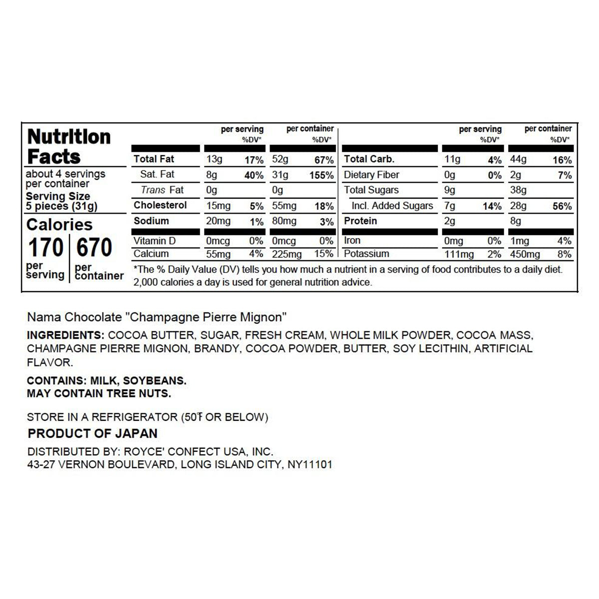 ROYCE' Chocolate - ROYCE' Prestige Nama Chocolate Collection - Nama Chocolate "Champagne Pierre Mignon" - Nutrition Facts