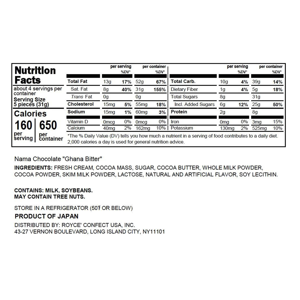 ROYCE' Chocolate - ROYCE' Dark Chocolate Collection - Nama Chocolate "Ghana Bitter" - Nutrition Facts