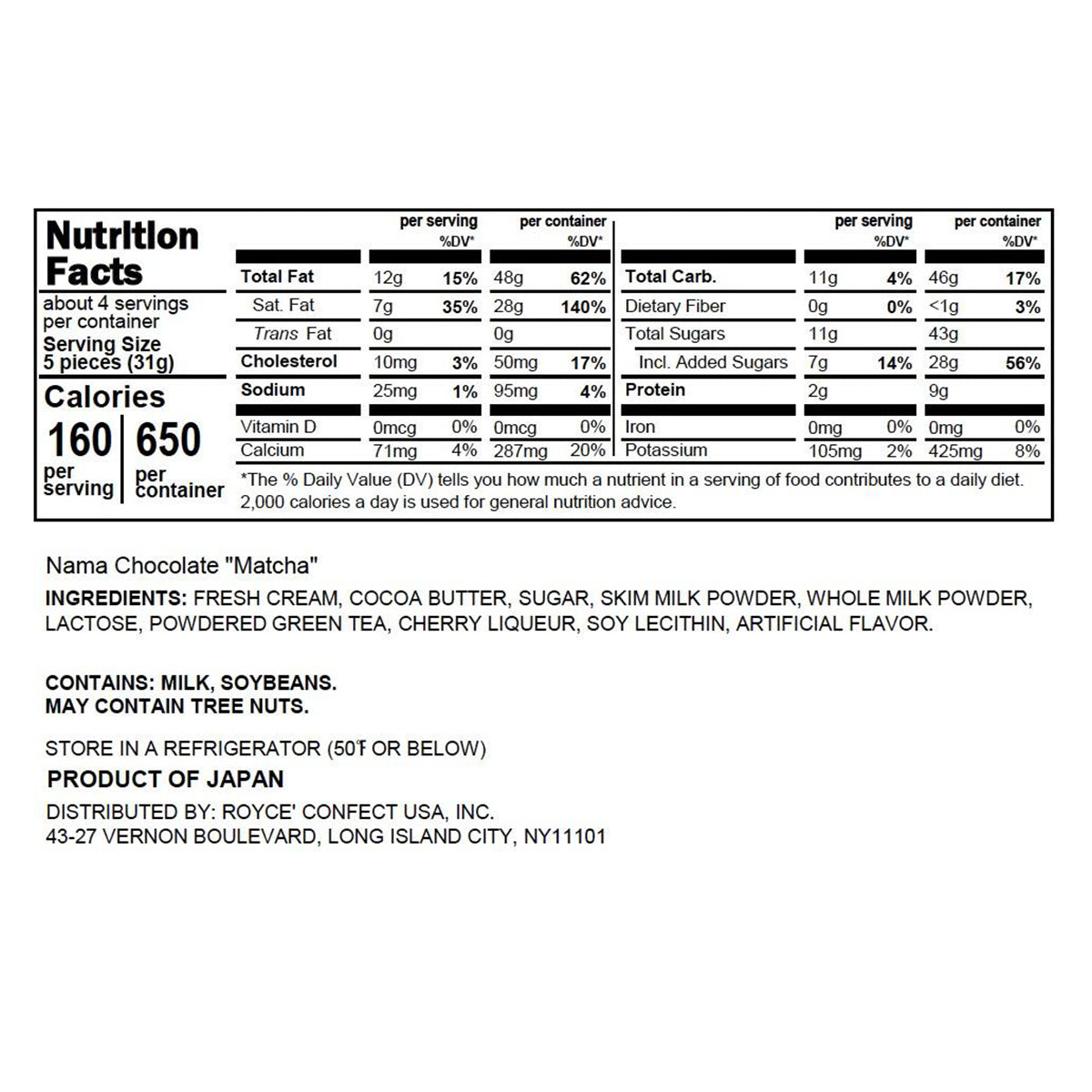 ROYCE' Chocolate - ROYCE' Prestige Nama Chocolate Collection - Nama Chocolate "Matcha" - Nutrition Facts