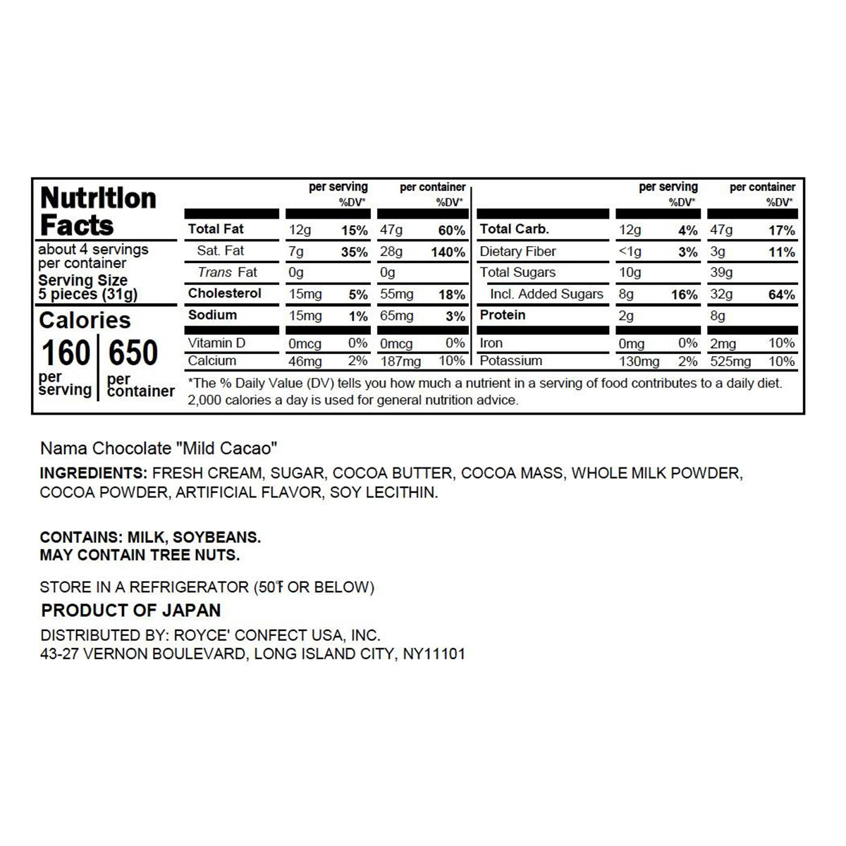 ROYCE' Chocolate - ROYCE' Signature Nama Chocolate Collection - Nama Chocolate "Mild Cacao" - Nutrition Facts