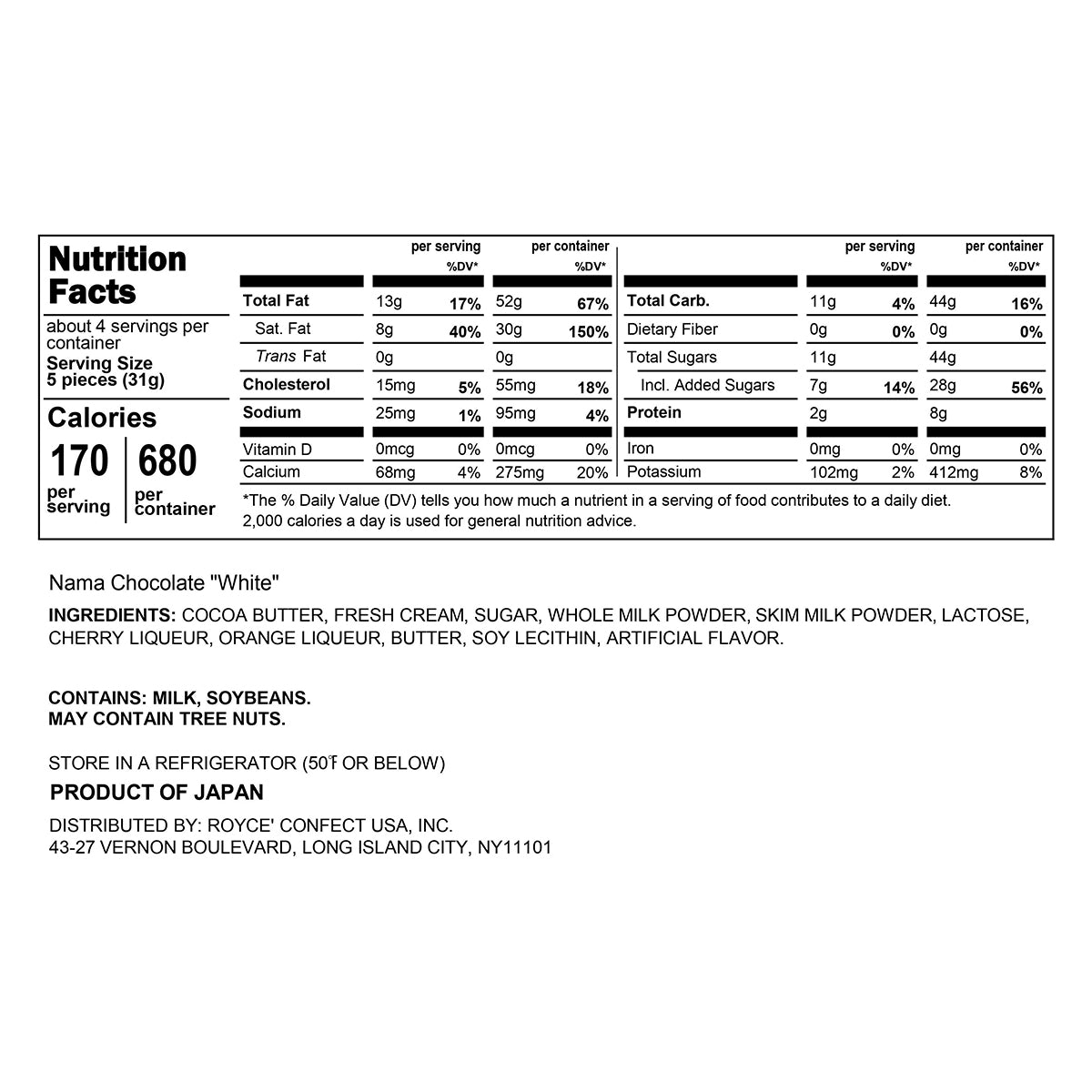 ROYCE' Chocolate - ROYCE' Signature Nama Chocolate Collection - Nama Chocolate "White" - Nutrition Facts