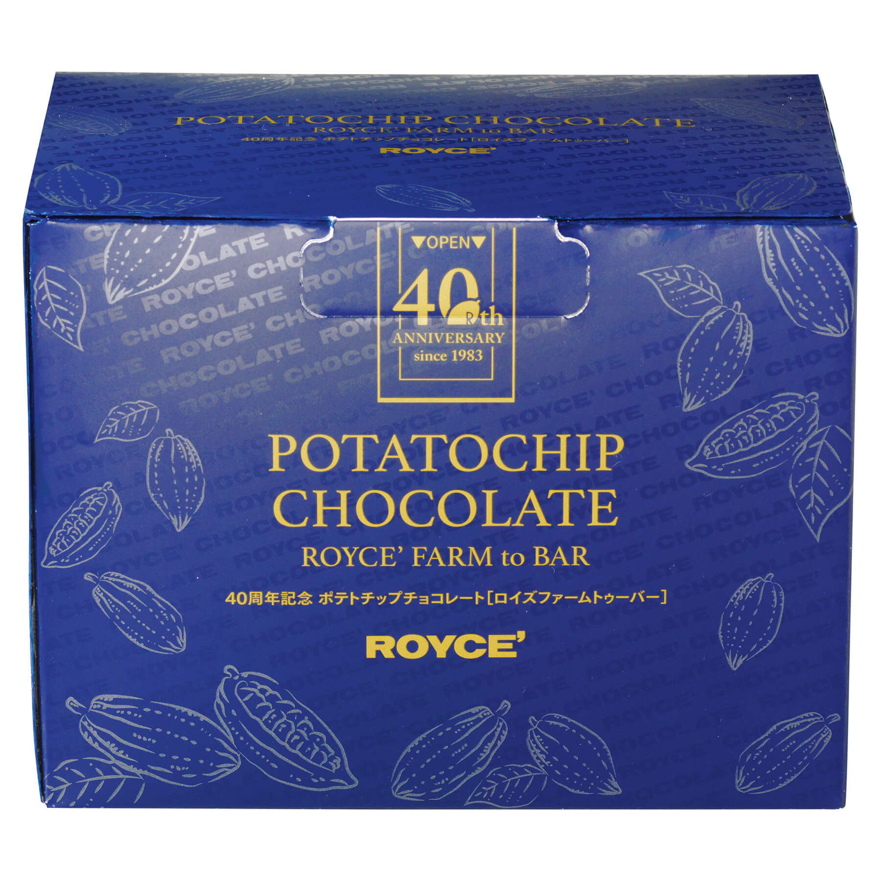ROYCE' Chocolate - 40th Anniversary Potatochip Chocolate "ROYCE' Farm To Bar" - Image shows a blue printed box with gold text saying 40th Anniversary since 1983 Potatochip Chocolate ROYCE' Farm to Bar ROYCE'.