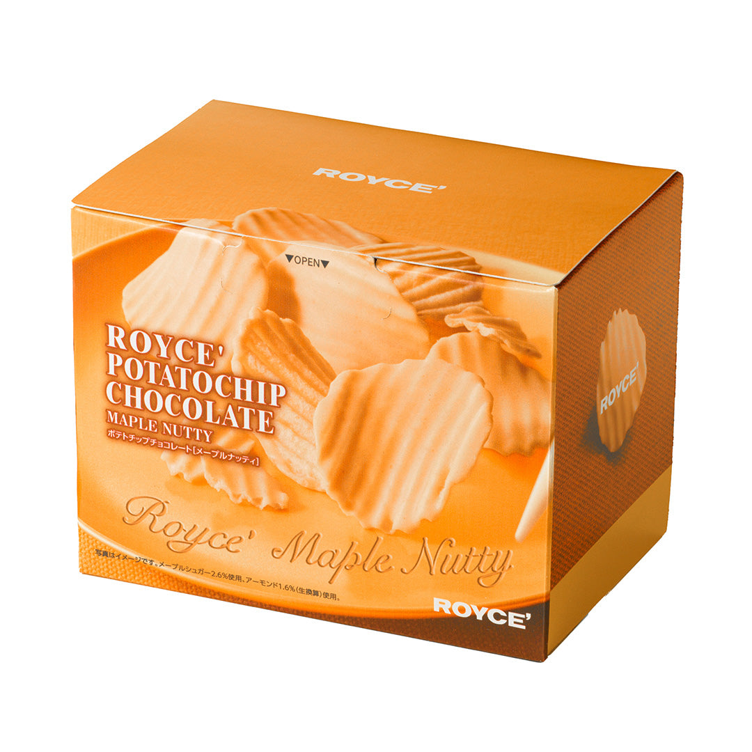 Image shows a box in hues of brown and orange with a picture of golden, ridged chocolate-coated potato chips in the front and side. Text on top says ROYCE'. Text in front says ROYCE' Potatochip Chocolate Maple Nutty ROYCE' Maple Nutty ROYCE'. Text on side says ROYCE'.
