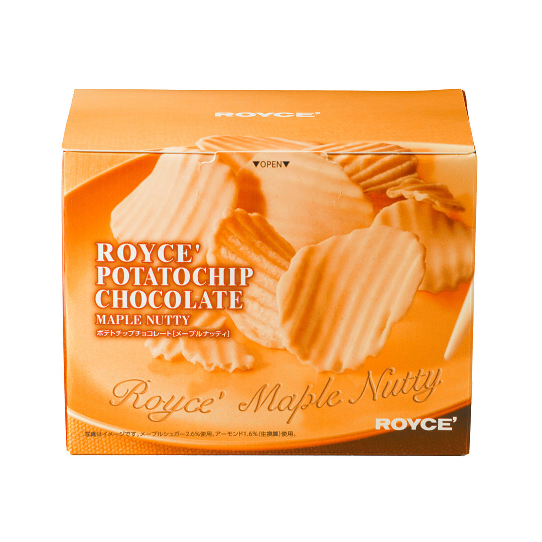 Image shows an orange box with a picture of golden, ridged chocolate-coated potato chips in the front and top. Text on top says ROYCE'. Text in front says ROYCE' Potatochip Chocolate Maple Nutty ROYCE' Maple Nutty ROYCE'.