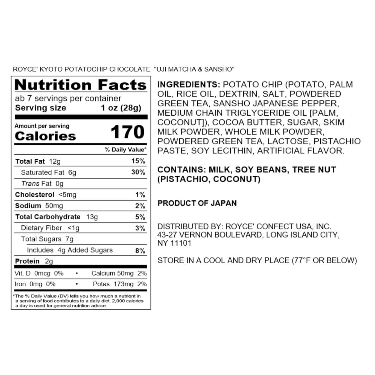 ROYCE' Kyoto Potatochip Chocolate "Uji Matcha & Sansho" - Nutrition Facts